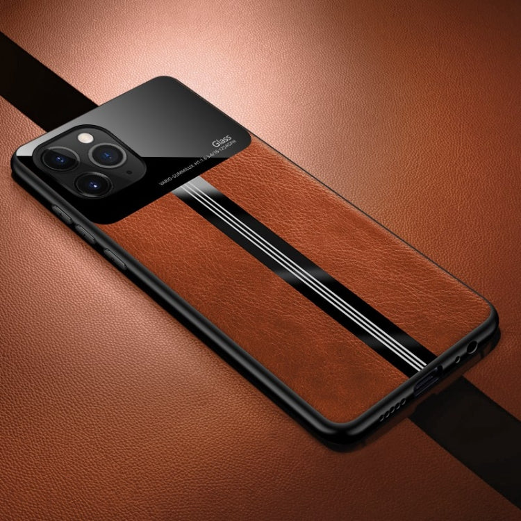 For iPhone 11 Pro Max Leather Texture PU + Glass + TPU Shockproof Protective Case