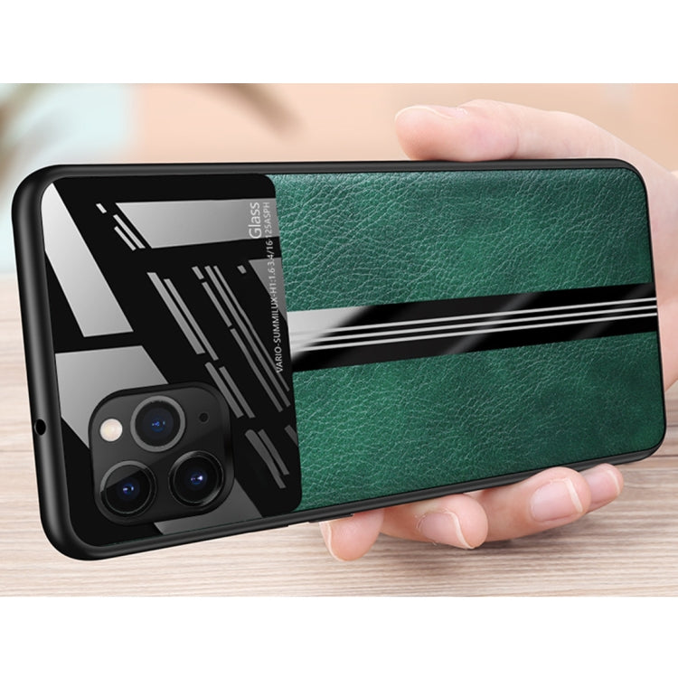 For iPhone 11 Pro Max Leather Texture PU + Glass + TPU Shockproof Protective Case