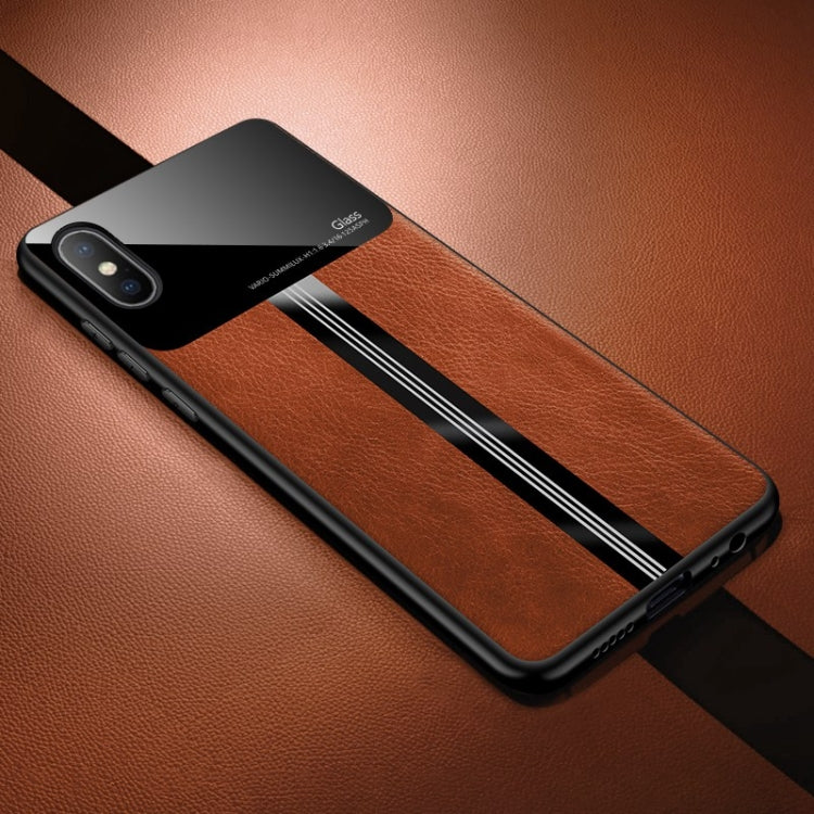 For iPhone X / XS Leather Texture PU + Glass + TPU Shockproof Protective Case