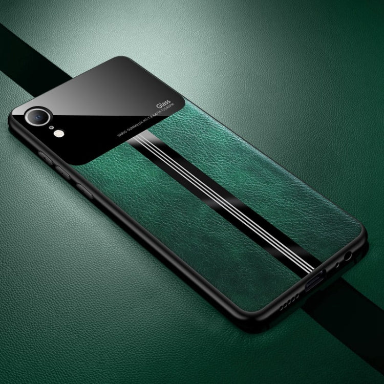 For iPhone XR Leather Texture PU + Glass + TPU Shockproof Protective Case