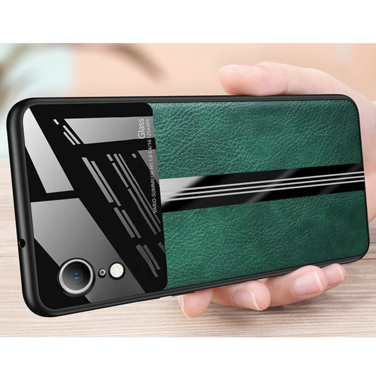 For iPhone XR Leather Texture PU + Glass + TPU Shockproof Protective Case