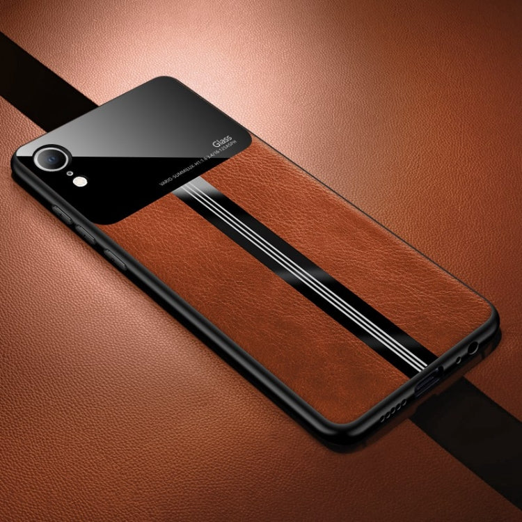 For iPhone XR Leather Texture PU + Glass + TPU Shockproof Protective Case