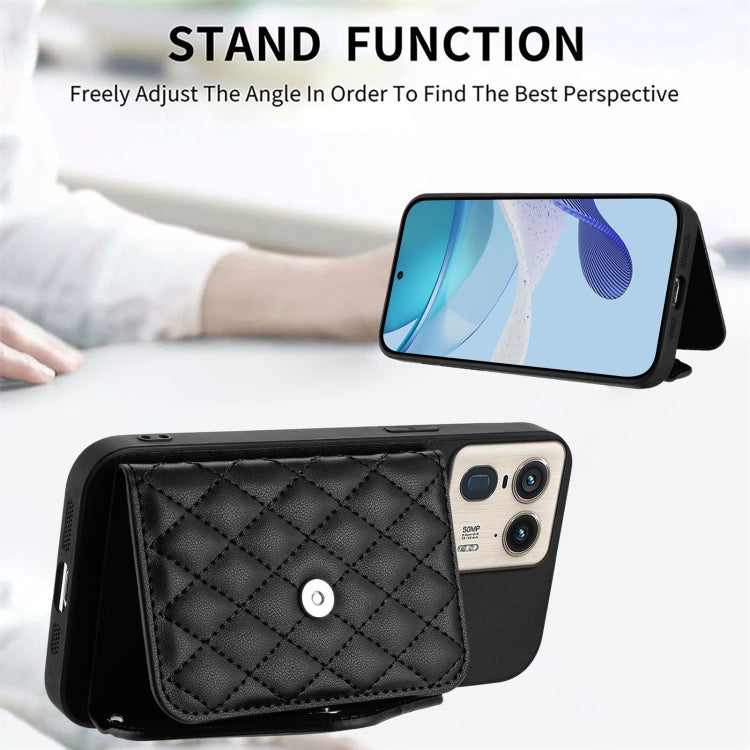 For Motorola Moto X50 Ultra Rhombic Texture Card Bag RFID Phone Case with Long Lanyard