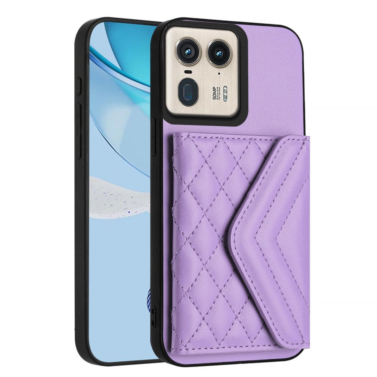 For Motorola Edge 50 Ultra EU Version Rhombic Texture Card Bag RFID Phone Case with Long Lanyard