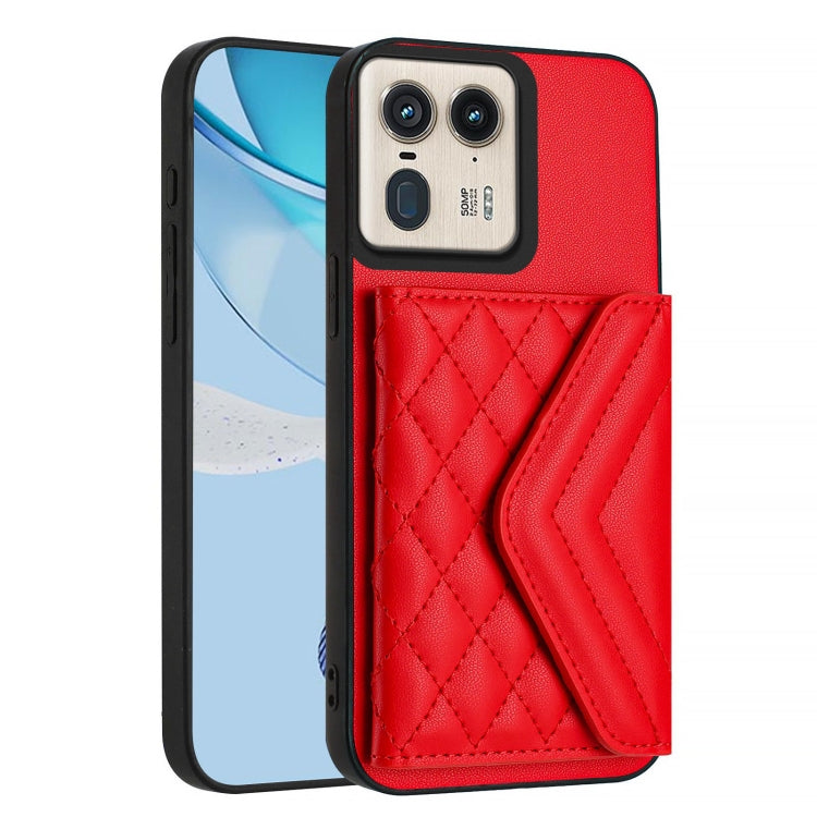 For Motorola Edge 50 Ultra EU Version Rhombic Texture Card Bag RFID Phone Case with Long Lanyard