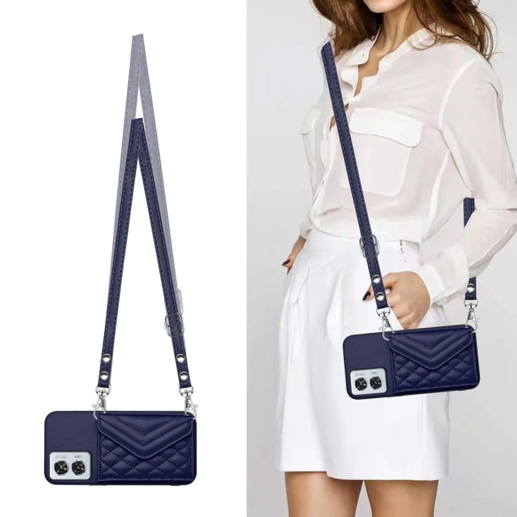 For Motorola Edge 50 Fusion Global Rhombic Texture Card Bag RFID Phone Case with Long Lanyard
