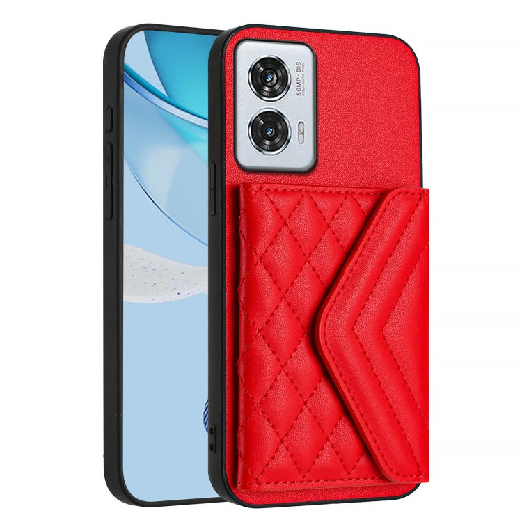 For Motorola Edge 50 Fusion Global Rhombic Texture Card Bag RFID Phone Case with Long Lanyard