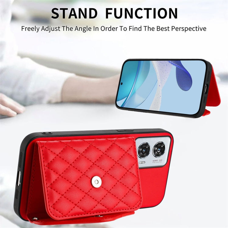 For Motorola Edge 50 Fusion Global Rhombic Texture Card Bag RFID Phone Case with Long Lanyard