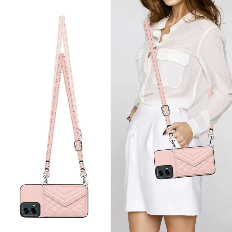 For Motorola Moto G 5G 2024 Rhombic Texture Card Bag RFID Phone Case with Long Lanyard