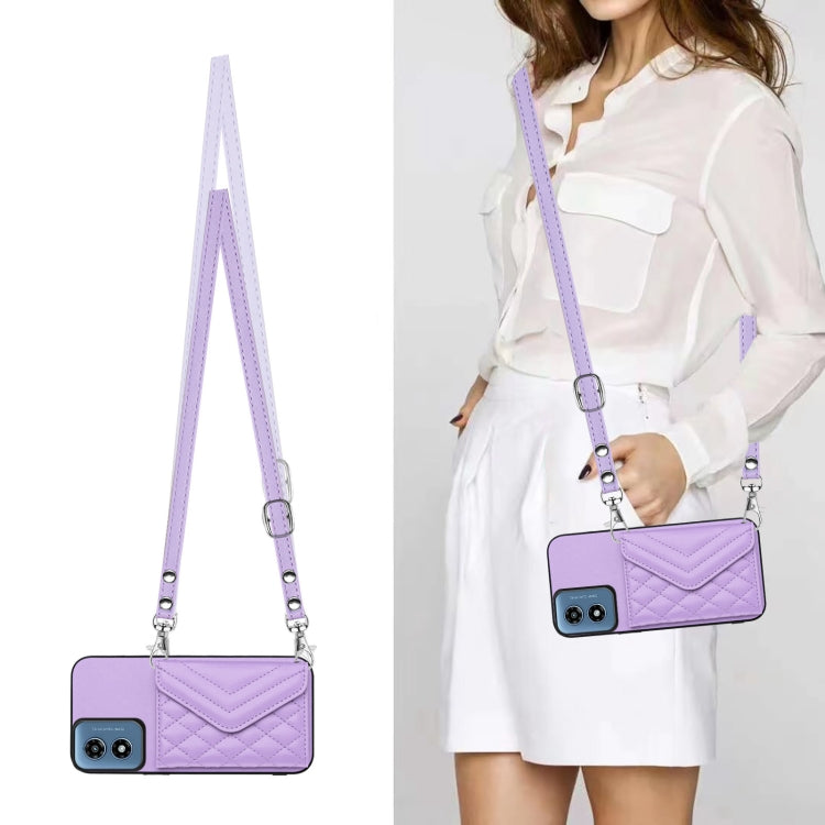 For Motorola Moto G Play 2024 5G Rhombic Texture Card Bag RFID Phone Case with Long Lanyard