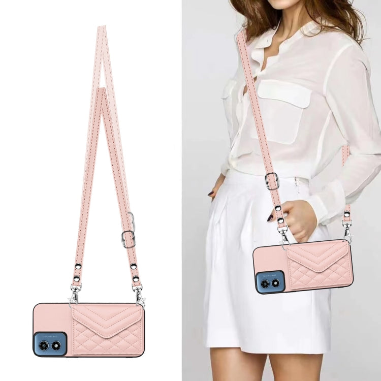 For Motorola Moto G Play 2024 5G Rhombic Texture Card Bag RFID Phone Case with Long Lanyard