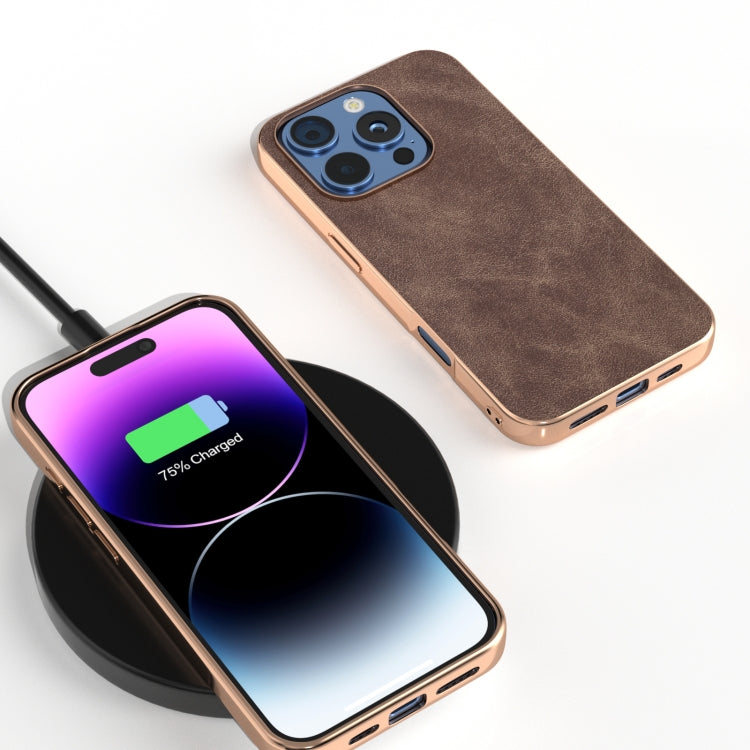 For iPhone 16 Plus Electroplated Frame PU Leather Full Coverage Phone Case
