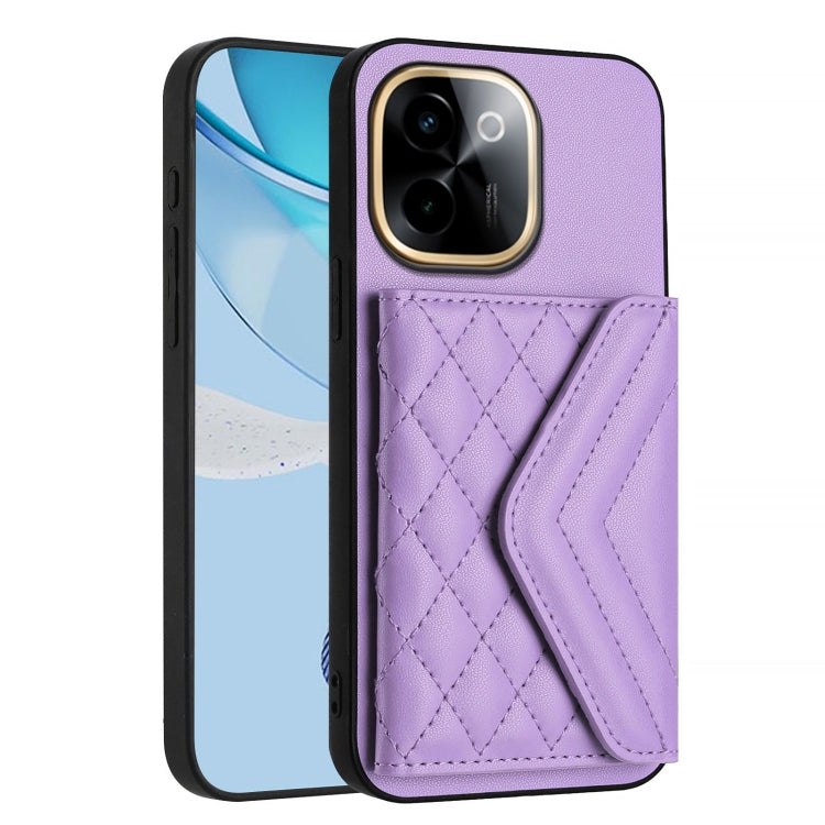 For vivo Y200 Rhombic Texture Card Bag RFID Phone Case with Long Lanyard