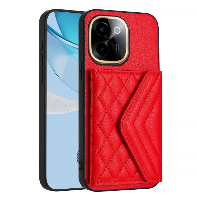 For vivo Y200 Rhombic Texture Card Bag RFID Phone Case with Long Lanyard