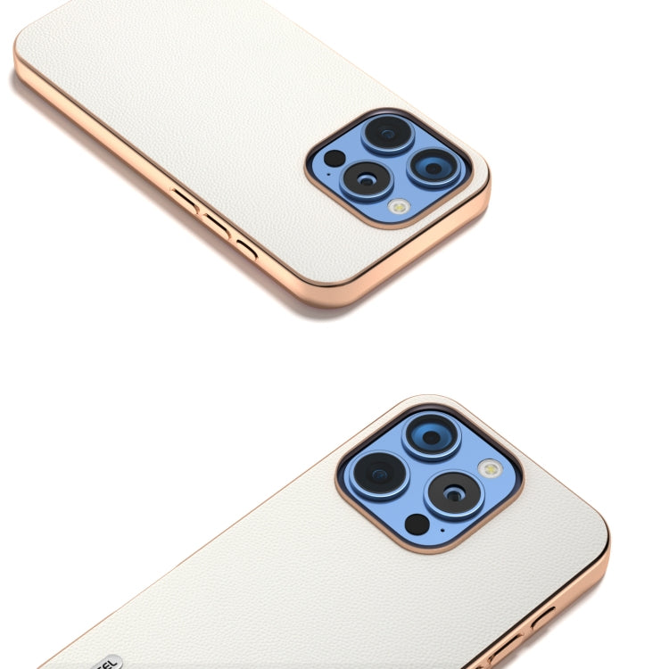 For iPhone 16 Pro Max ABEEL Electroplated Frame Genuine Leather Elegant Phone Case
