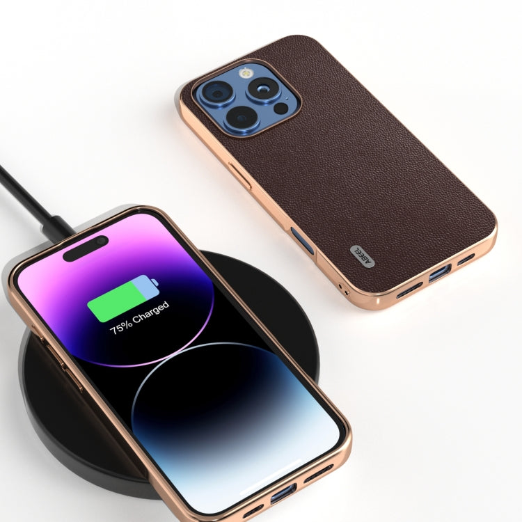 For iPhone 16 Pro Max ABEEL Electroplated Frame Genuine Leather Elegant Phone Case