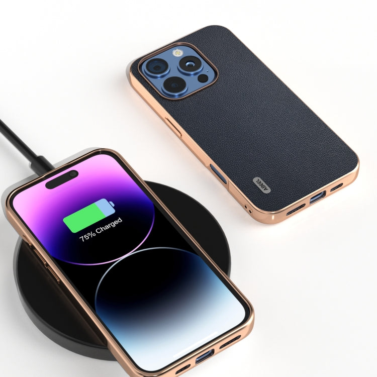 For iPhone 16 Pro Max ABEEL Electroplated Frame Genuine Leather Elegant Phone Case