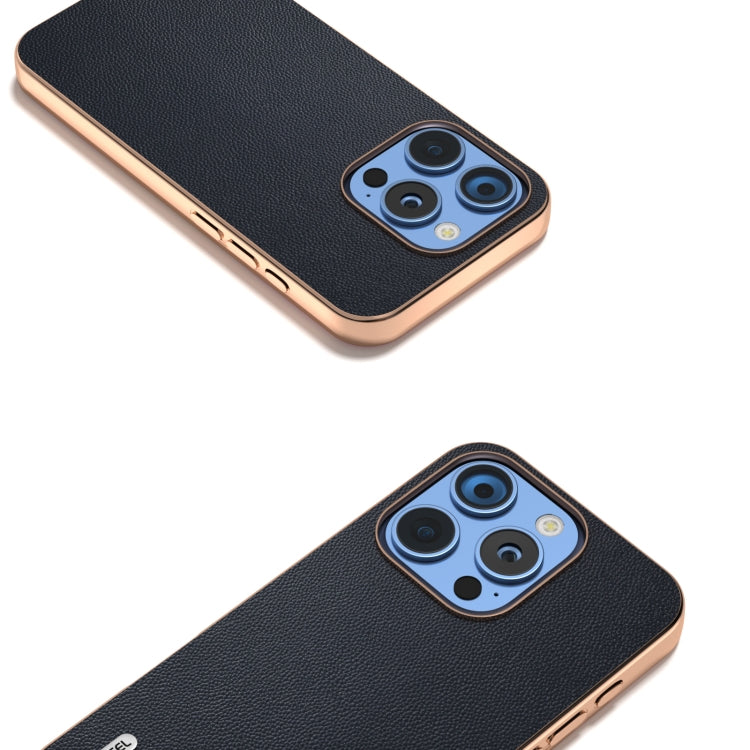 For iPhone 16 Pro Max ABEEL Electroplated Frame Genuine Leather Elegant Phone Case