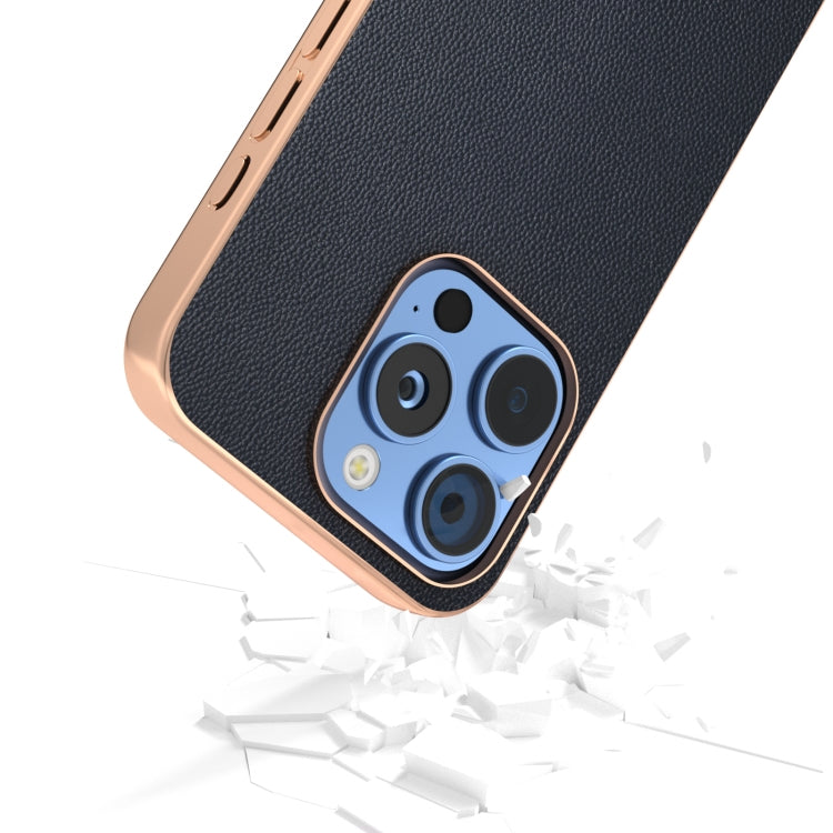 For iPhone 16 Pro Max ABEEL Electroplated Frame Genuine Leather Elegant Phone Case