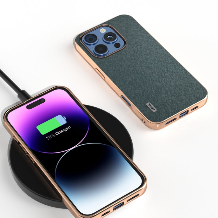 For iPhone 16 Pro Max ABEEL Electroplated Frame Genuine Leather Elegant Phone Case