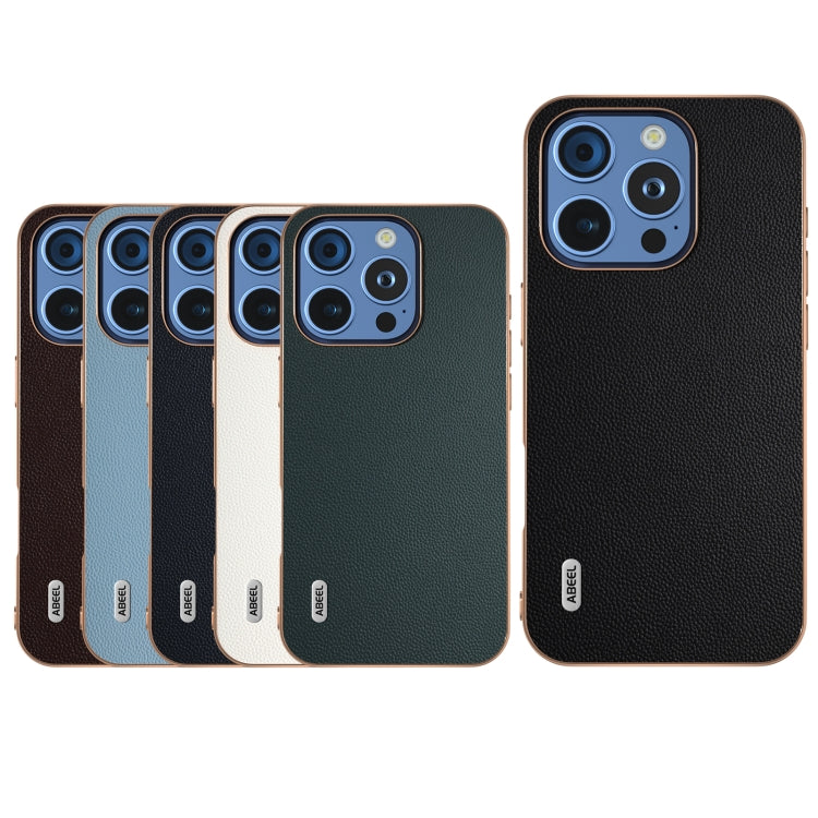 For iPhone 16 Pro Max ABEEL Electroplated Frame Genuine Leather Elegant Phone Case