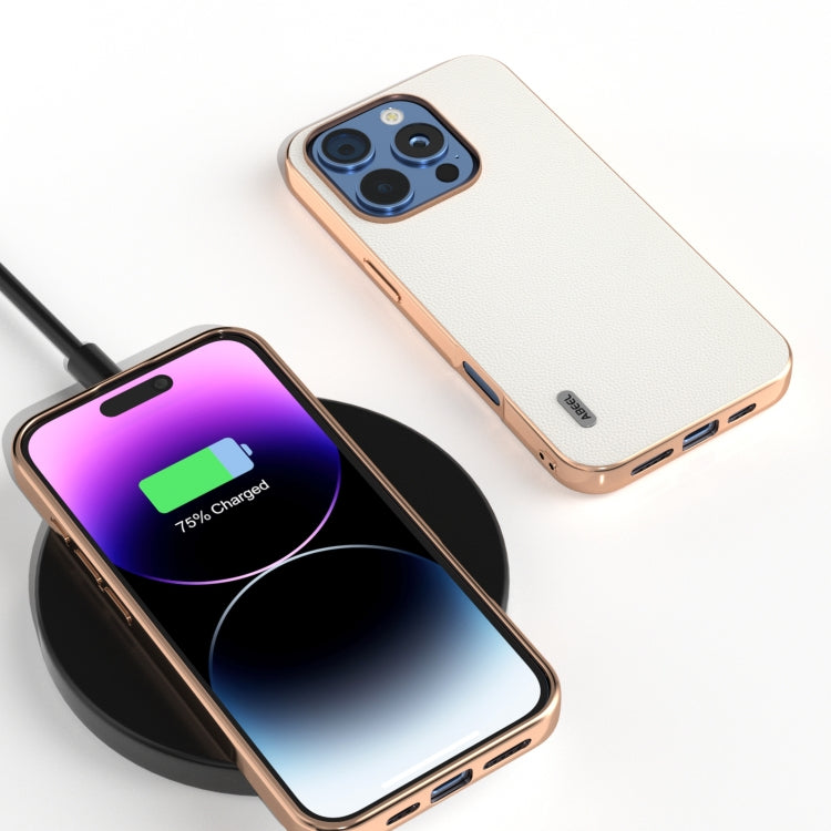 For iPhone 16 Pro ABEEL Electroplated Frame Genuine Leather Elegant Phone Case