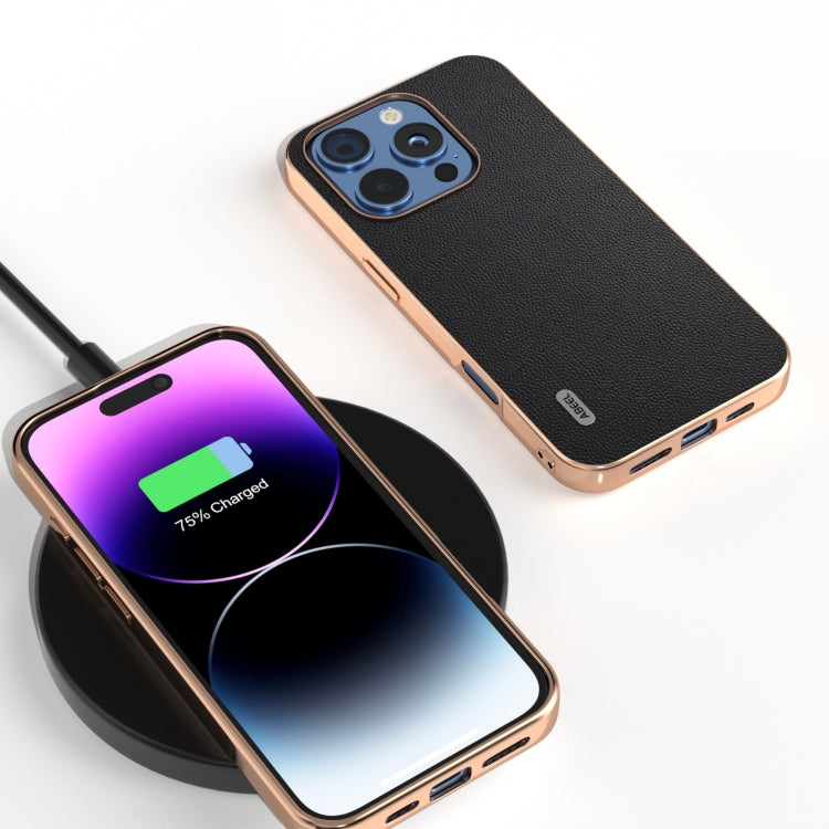 For iPhone 16 Pro ABEEL Electroplated Frame Genuine Leather Elegant Phone Case