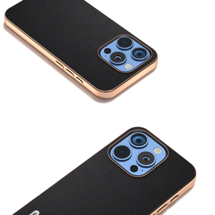 For iPhone 16 Pro ABEEL Electroplated Frame Genuine Leather Elegant Phone Case