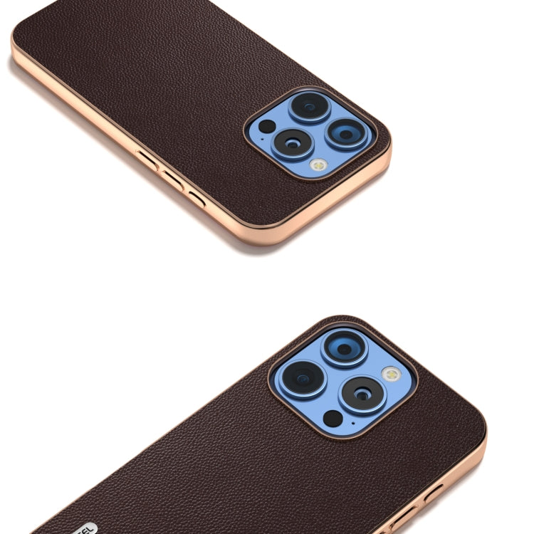 For iPhone 16 Pro ABEEL Electroplated Frame Genuine Leather Elegant Phone Case