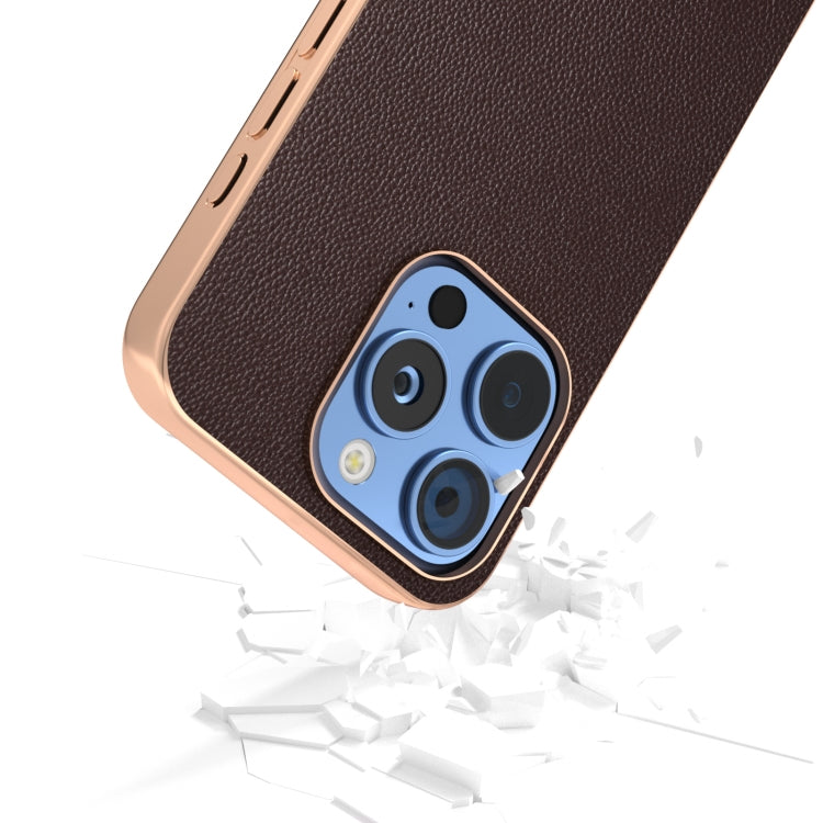 For iPhone 16 Pro ABEEL Electroplated Frame Genuine Leather Elegant Phone Case