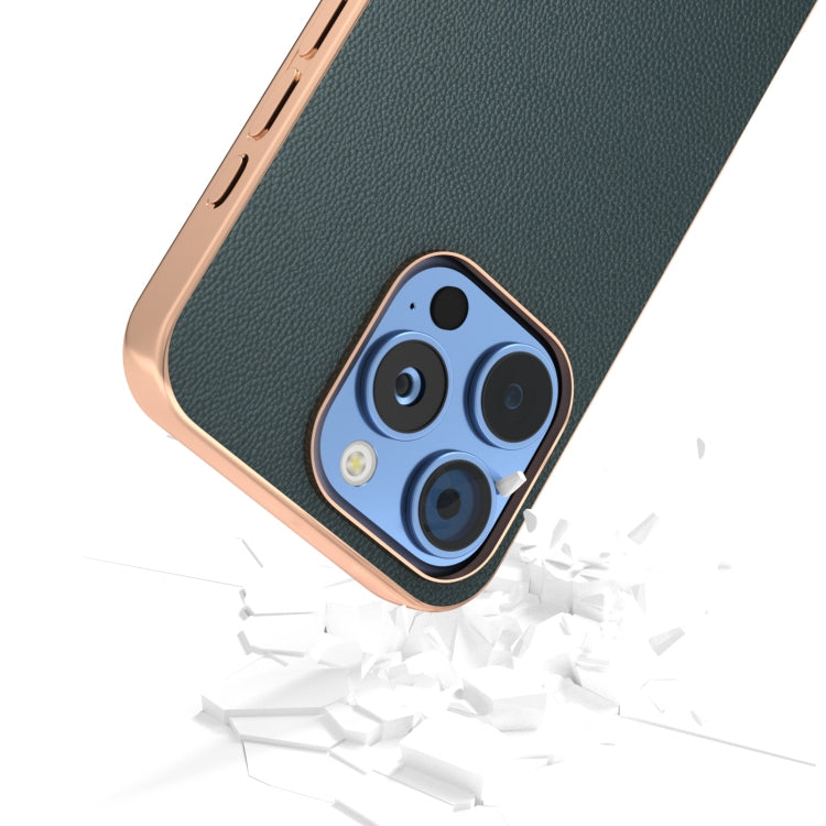 For iPhone 16 Pro ABEEL Electroplated Frame Genuine Leather Elegant Phone Case