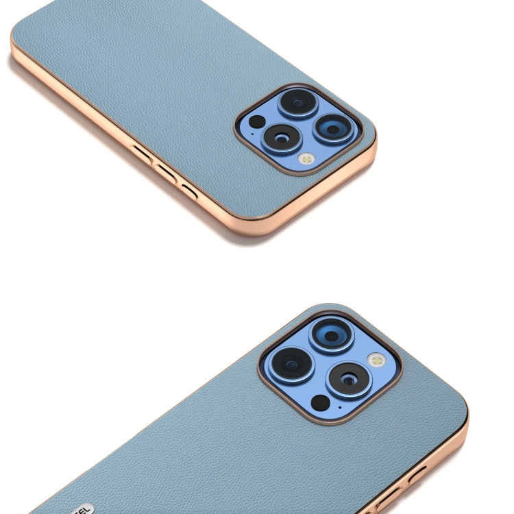 For iPhone 16 Pro ABEEL Electroplated Frame Genuine Leather Elegant Phone Case