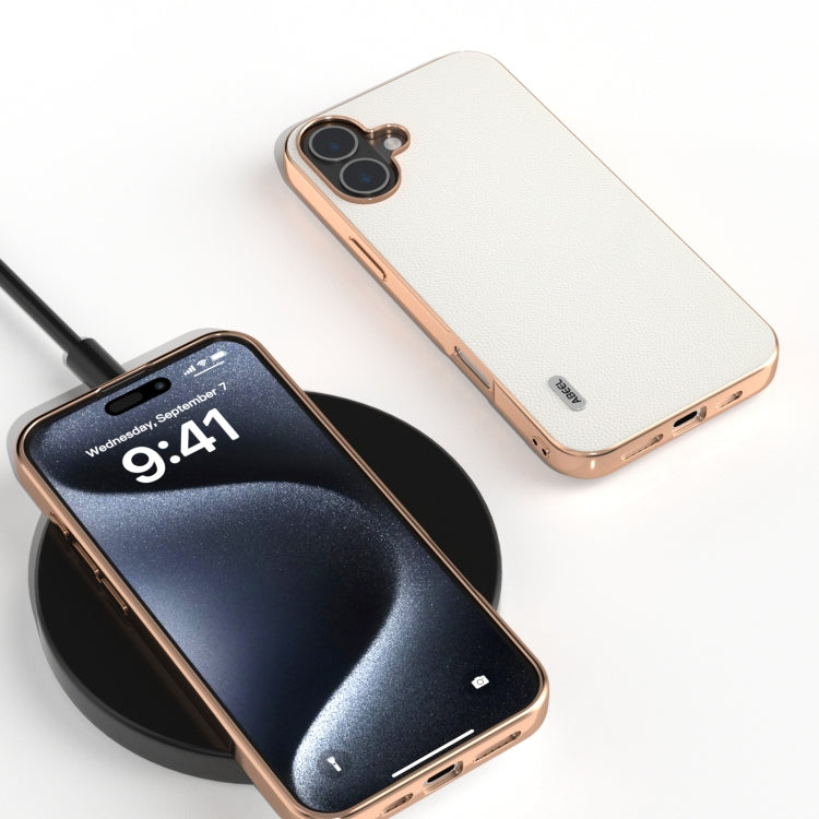 For iPhone 16 Plus ABEEL Electroplated Frame Genuine Leather Elegant Phone Case