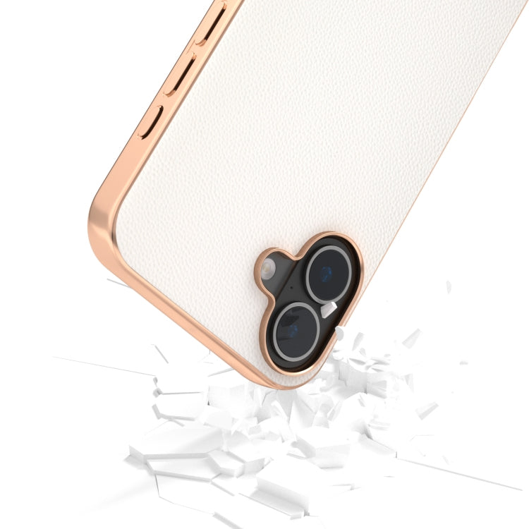 For iPhone 16 Plus ABEEL Electroplated Frame Genuine Leather Elegant Phone Case