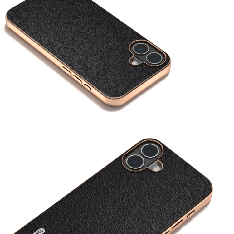 For iPhone 16 Plus ABEEL Electroplated Frame Genuine Leather Elegant Phone Case