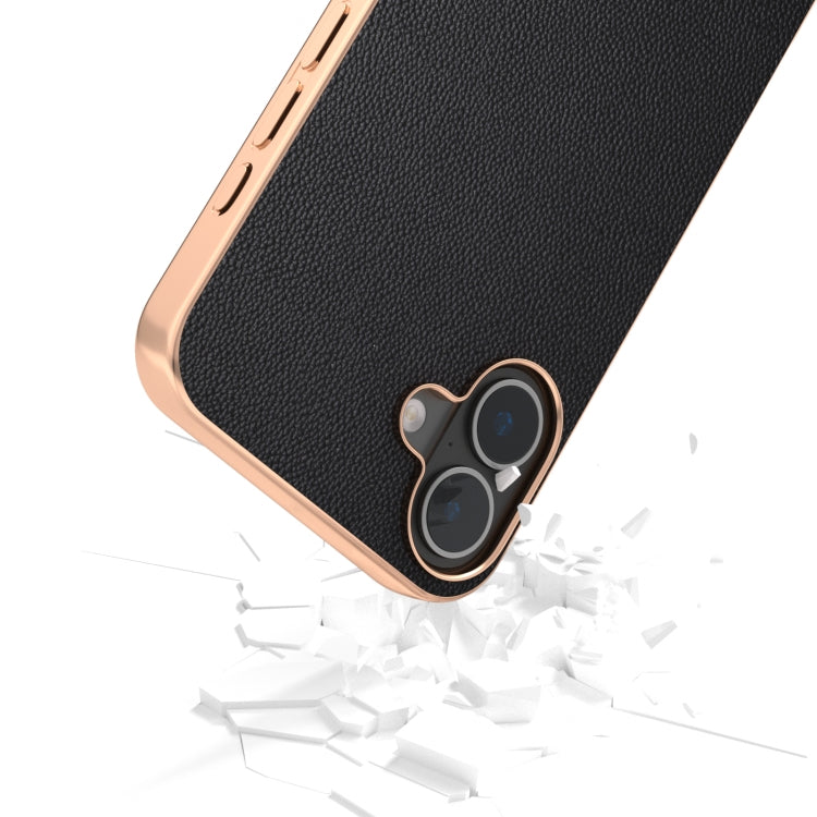 For iPhone 16 Plus ABEEL Electroplated Frame Genuine Leather Elegant Phone Case