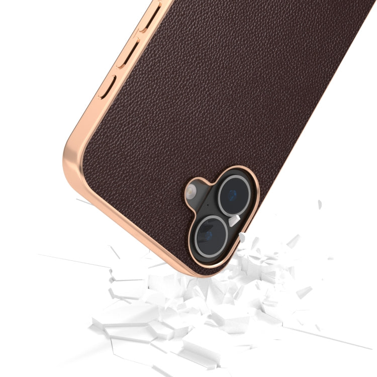 For iPhone 16 Plus ABEEL Electroplated Frame Genuine Leather Elegant Phone Case