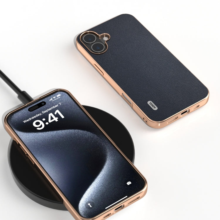 For iPhone 16 Plus ABEEL Electroplated Frame Genuine Leather Elegant Phone Case
