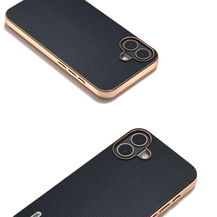 For iPhone 16 Plus ABEEL Electroplated Frame Genuine Leather Elegant Phone Case