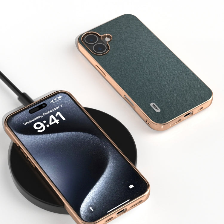 For iPhone 16 Plus ABEEL Electroplated Frame Genuine Leather Elegant Phone Case