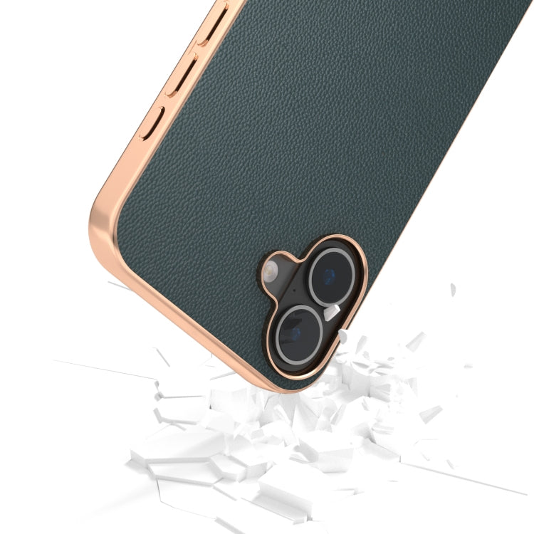 For iPhone 16 Plus ABEEL Electroplated Frame Genuine Leather Elegant Phone Case