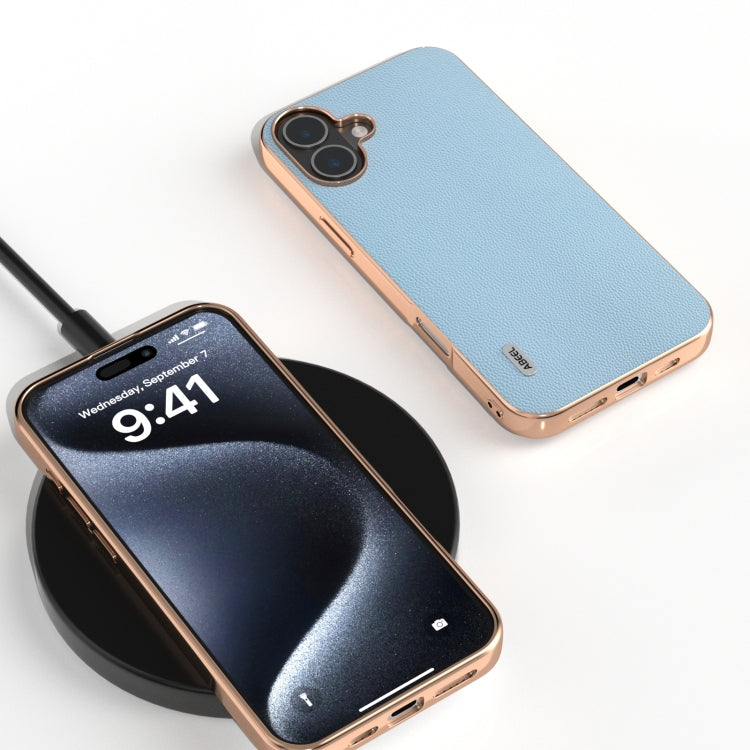 For iPhone 16 Plus ABEEL Electroplated Frame Genuine Leather Elegant Phone Case