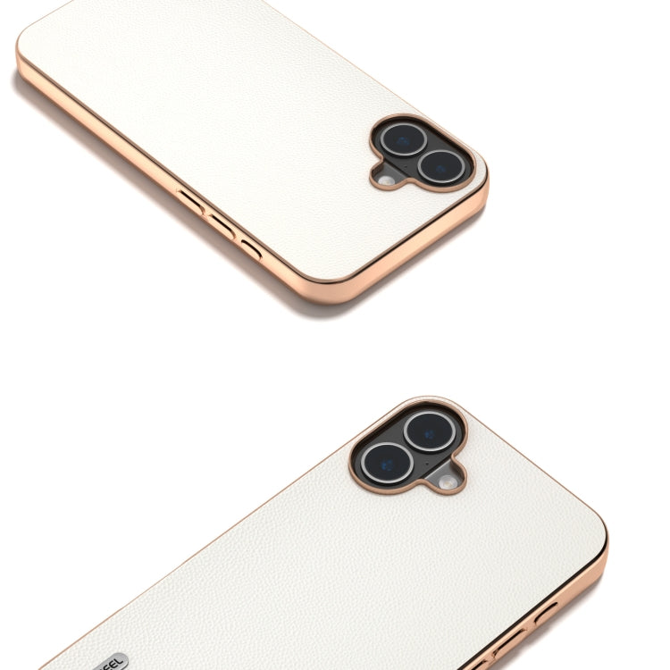 For iPhone 16 ABEEL Electroplated Frame Genuine Leather Elegant Phone Case