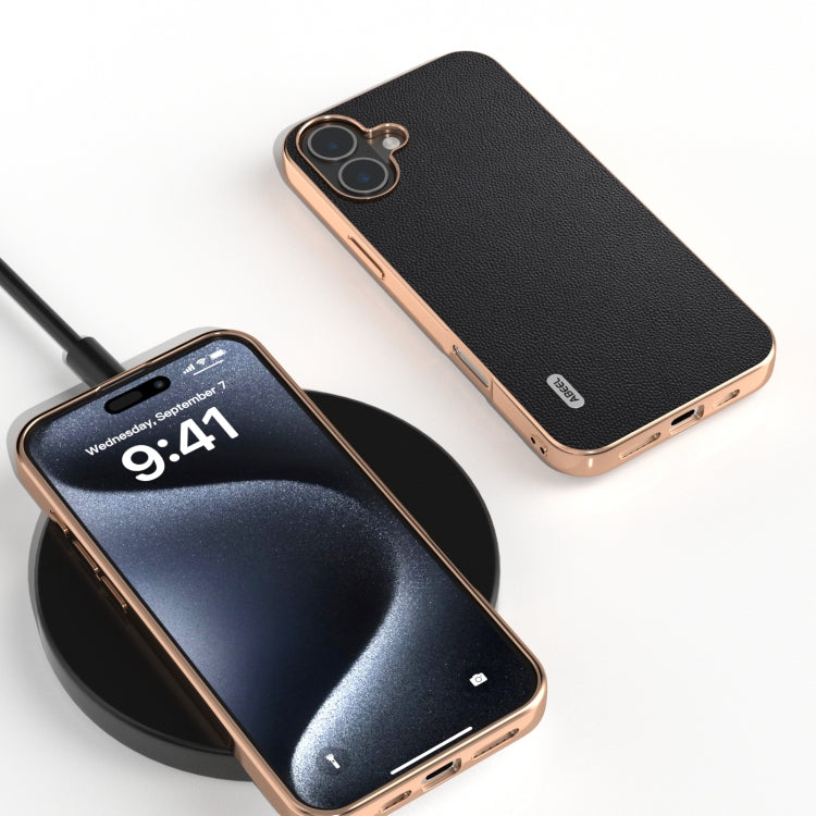 For iPhone 16 ABEEL Electroplated Frame Genuine Leather Elegant Phone Case