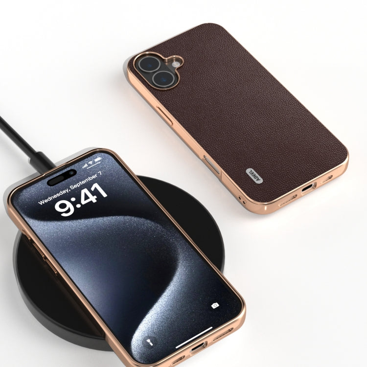 For iPhone 16 ABEEL Electroplated Frame Genuine Leather Elegant Phone Case