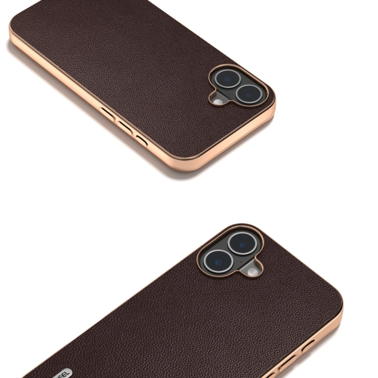 For iPhone 16 ABEEL Electroplated Frame Genuine Leather Elegant Phone Case