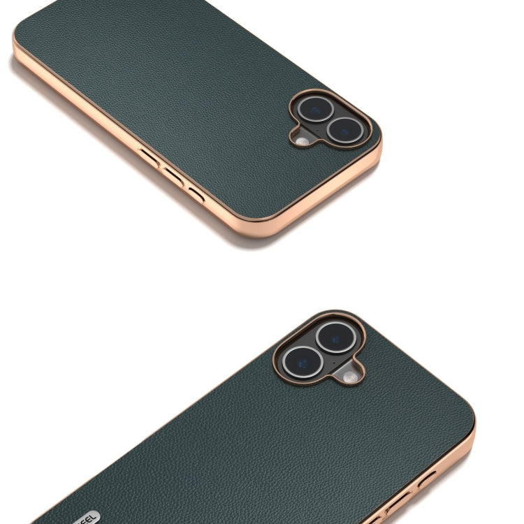 For iPhone 16 ABEEL Electroplated Frame Genuine Leather Elegant Phone Case