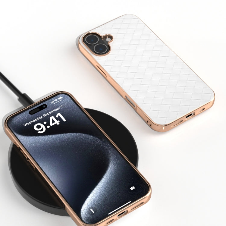 For iPhone 16 Plus Electroplated Frame Woven Texture PU Phone Case