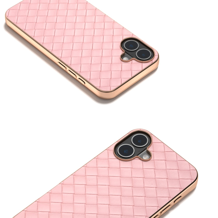 For iPhone 16 Plus Electroplated Frame Woven Texture PU Phone Case