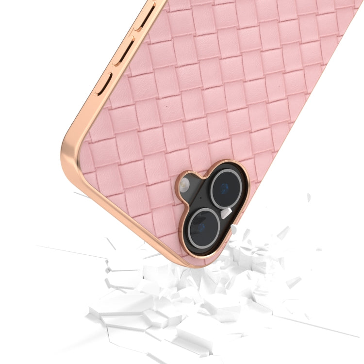 For iPhone 16 Plus Electroplated Frame Woven Texture PU Phone Case